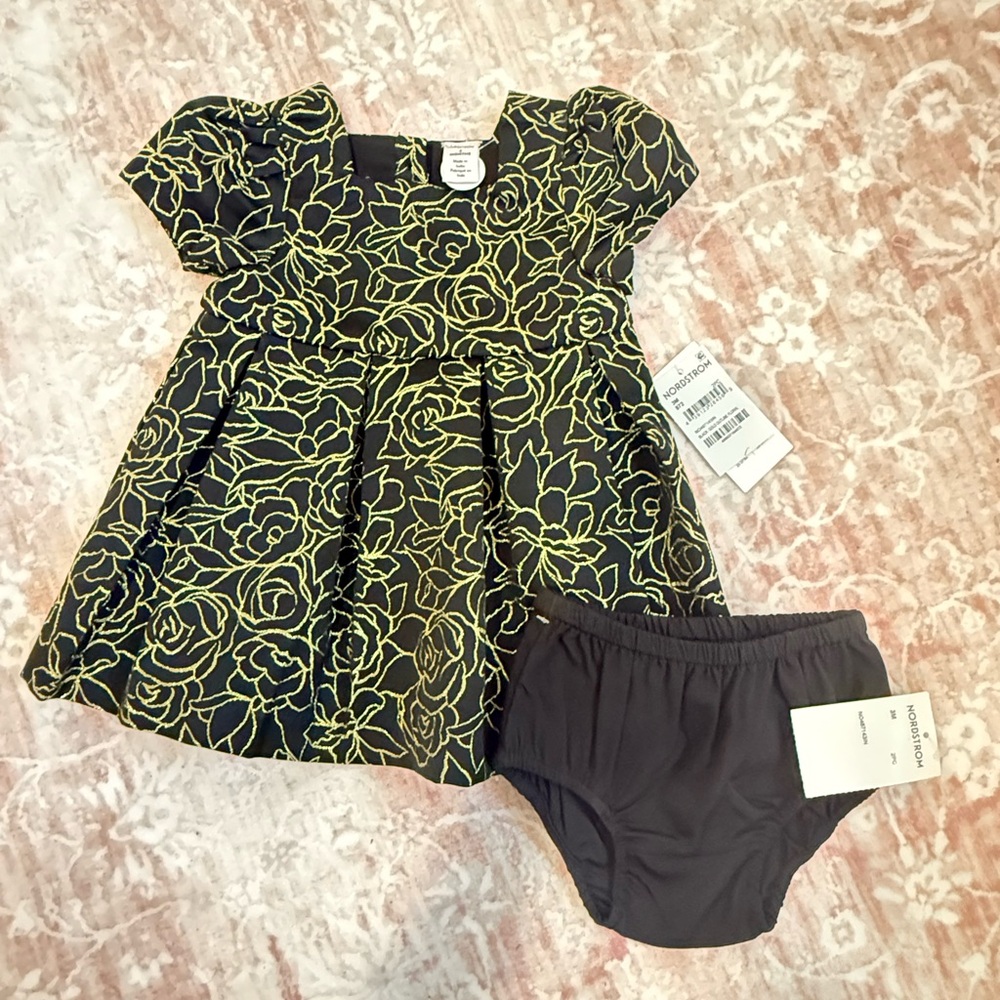 Nordstrom Black and metallic gold  Floral dress with Diaper Cover Set